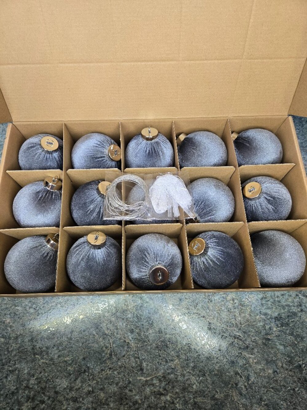 Gray Velvet Christmas Ball Ornaments Silver Caps Holiday Tree Decor 15pc